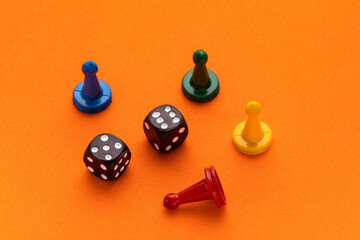Board game pieces and dice - Orange eva rubber background