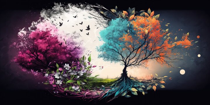 Colorful springtime abstract trees and flowers banner on dark background, Generative AI