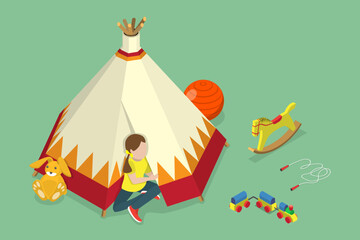 3D Isometric Flat Vector Conceptual Illustration of Kids Teepee Tent, Children Outdoors Activities © TarikVision