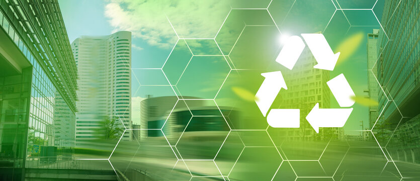 Urban landscape, city making future clean. Recycle sign, empty copy space for text. Recycle & environment concept.