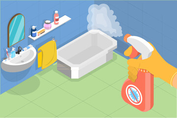3D Isometric Flat Vector Conceptual Illustration of Bathroom Disinfectant, Cleaning with Spray Detergent
