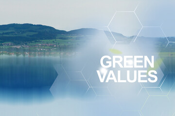 Pure water of lake in the mountains — protecting nature for future generations.Green value chain,...