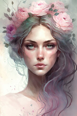 Portrait of a girl with flowers in her long hair. Watercolor illustration. Goddess of spring. Generative AI