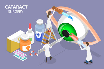 3D Isometric Flat Vector Conceptual Illustration of Cataract Surgery , Ophthalmology or Eye Treatment - obrazy, fototapety, plakaty