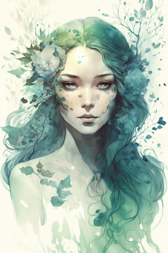 Portrait of a girl with flowers in her long hair. Watercolor illustration. Goddess of spring. Generative AI