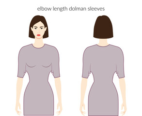 Dolman sleeves elbow length Magyar clothes character beautiful lady in grey top, shirt, dress technical fashion illustration. Flat apparel template front, back sides. Women men unisex CAD mockup