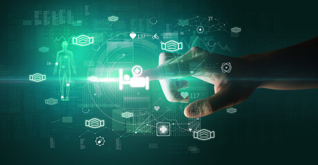 Doctor hand pressing futuristic health device with medical symbol on screen