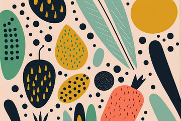 Playful tropical illustration with leaves and fruits, flat style. Generative AI