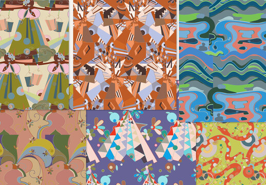 Set of Abstract Seamless Patterns with Cubism Art Elements and Graffiti Wall Style