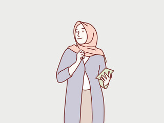 Young muslim hijab woman looking for ideas taking notes on paper standing simple korean style illustration