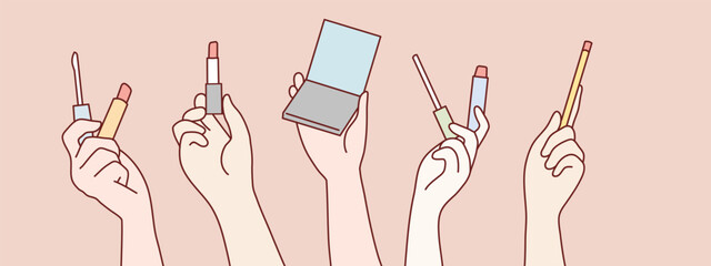 Female hands holding lift up make up packaging simple korean style illustration