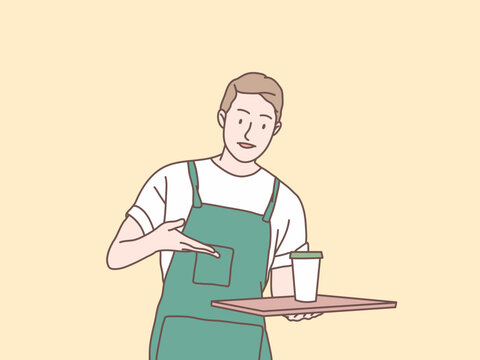 Man waitress with tray serving order coffee to customer simple korean style illustration