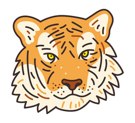 doodle tiger face drawing, tiger head vector isolated, no background, thick line draw