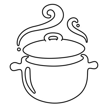 Soup pot drawing, kitchenware sketch with black thin line, boiling pot symbol simple design.