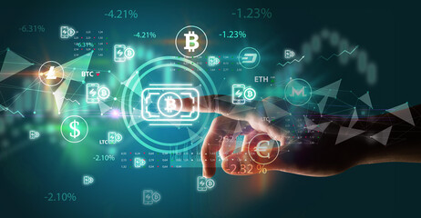 Business person hand pushing currency symbol on multimedia touch screen