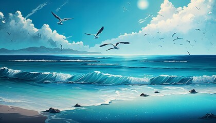 Obraz premium A tranquil blue ocean with clear skies and seagulls in the distance