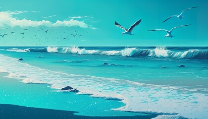 A tranquil blue ocean with clear skies and seagulls in the distance