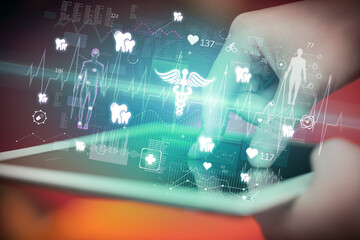 Close-up of a touchscreen with healthcare icons