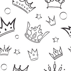 Crown linear seamless pattern. Repeating design element for printing on fabric. Medieval symbol of power and might, king and queen. Luxury and wealth, jewel. Cartoon flat vector illustration