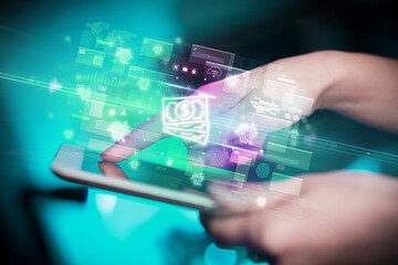 Close-up of a hand using tablet, currency concept