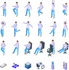 Fototapeta na wymiar Office workout icons set isometric vector. Ergonomic fit. Stretching people