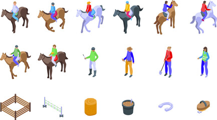Hippotherapy icons set isometric vector. Horse hobby. Veterinary animal