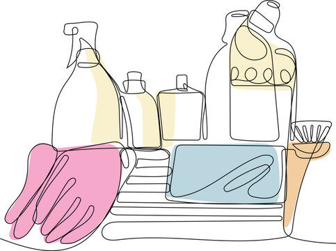 cleaning supplies line art with color accents clip art preview