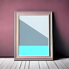Wooden light frame for minimal  picture on dark pink background on the wooden floor. AI generated