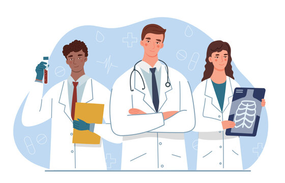 Team of doctors. Men with test tube and woman with xray in their hands. Therapists and chemists in laboratory analyze composition of blood and conduct research. Cartoon flat vector illustration