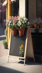 Outdoor advertising sign in a cafe setting surrounded by flowers (generative ai)