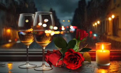  glasses of wine , Roses flowers,petal and candles blurred light  on table Romantic  Background for Valentine day