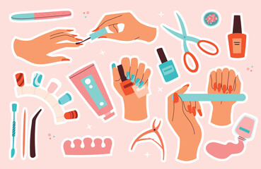 Manicure stickers set. Collection of female hands with colorful nails. File and varnish, scissors and forceps, beauty salon and pedicure. Cartoon flat vector illustrations isolated on pink background