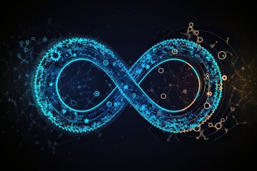 Illustration od blue DevOps infinity symbol on dark background, generative ai - obrazy, fototapety, plakaty