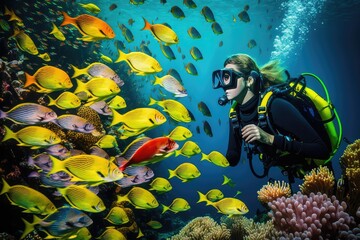 Fototapeta na wymiar A shoal of yellow tropical fish looking at a woman diver swimming under the sea, generative ai