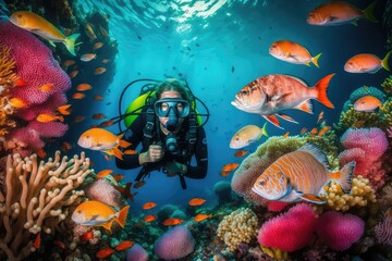 Fototapeta na wymiar Diver with a mask swimming with colorful fish down at the reef, deep under water, generative ai