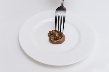 A fork is touching artificial feces lying on a white plate. The concept of an inept cook, a crappy...