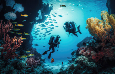 Fototapeta na wymiar Divers diving in the coral ref, divers paradise in the tropics, 3d render , generative ai