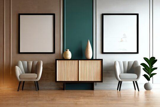 Render of a living space with two scalloped white armchairs on each side of the cabinet , generative ai