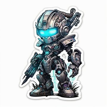 Cyborg Sticker, Anime Theme, Ai Robot Sticker, White Background 