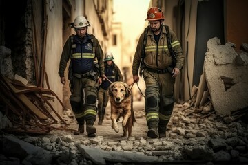 Two fire fighters walking with rescue dog with ruined buildings on both sides on a rescue mission. Generative AI.