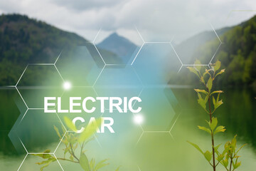 Pure water of lake in the mountains — protecting nature for future generations by EV electrical energy. Electric car and EV electrical energy for environment, Ecosystem safe environment.