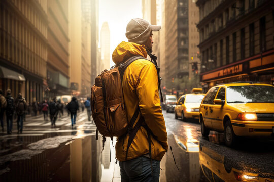 Illustration realistic image of a tourist in yellow jacket standing on the streets of New York. Generative AI.