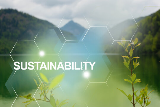 World Environment Day concept &mdash;  sustainability and clean future. Pure water of lake in the mountains &mdash; protecting nature for future generations by clean energy.