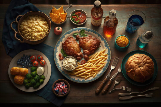 Flat lay illustration of typical american dinner with fries and fried chicken. Generative AI.