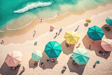 Illustration of a paradise sandy beach with colorful umbrellas. Generative AI. 
