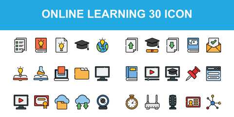 Fototapeta na wymiar Online Learning Icon Pack With 64px x 64px, Outline Color Style , simple icon for study or web, app