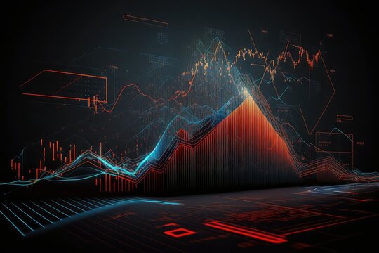 Red graphs representing stock market when reaching it's peak, dark background. Generative AI. 
