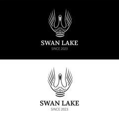 Fototapeta na wymiar Swan lake spreading wings on water for grey goose logo design of luxury spa in simple line art style