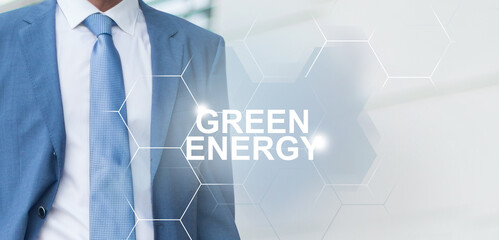 Green energy sources for clean and healthy future of planet. Business representative solving...