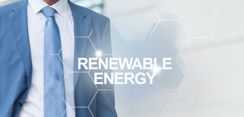 Renewable, sustainable development concept. Business representative solving problems of renewable...